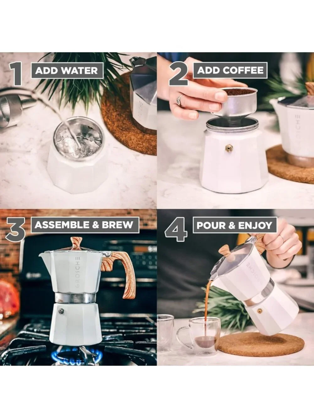 Stovetop Espresso Maker - 3 Cup Moka Pot, White Coffee Brewer for Home Barista